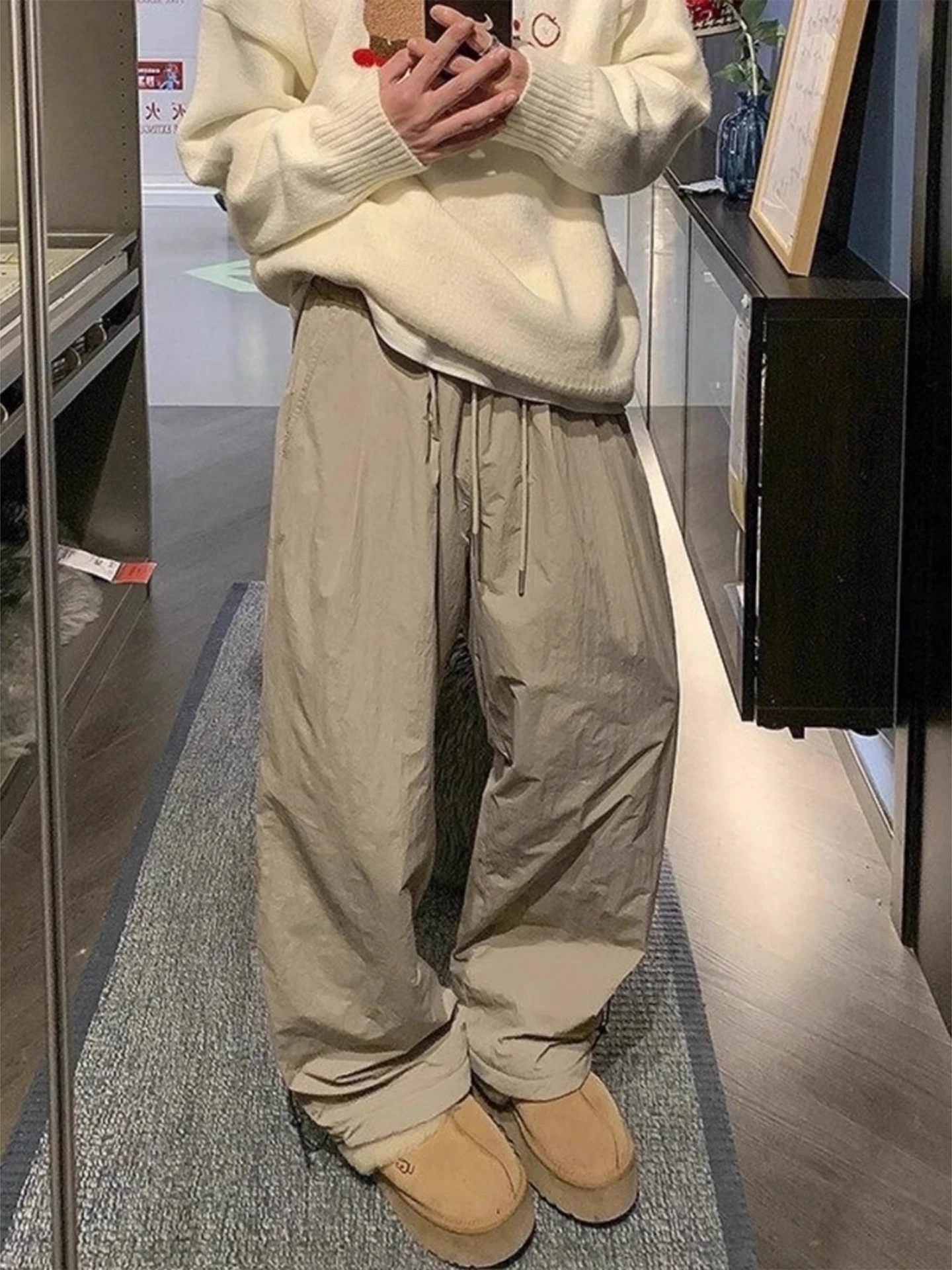 

Warm Fce Lined Wide Leg Casual Pants Men's Outdoor Winter Trousers Breathable Windproof Outdoor Leisure Long Pants