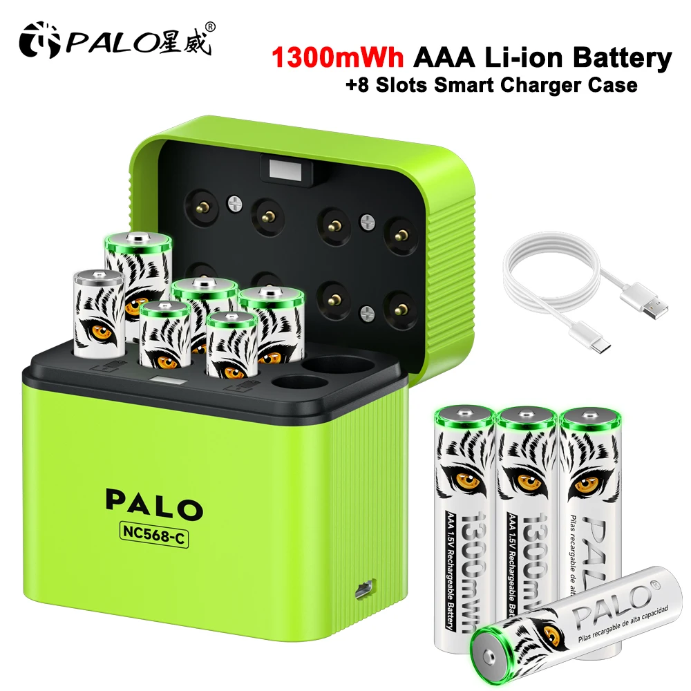 PALO Li-ion AAA Rechargeable Battery Lithium-ion 1300mWh 1.5V AAA Batteries with Fast Charging Battery Charger for 1.5V AA/AAA