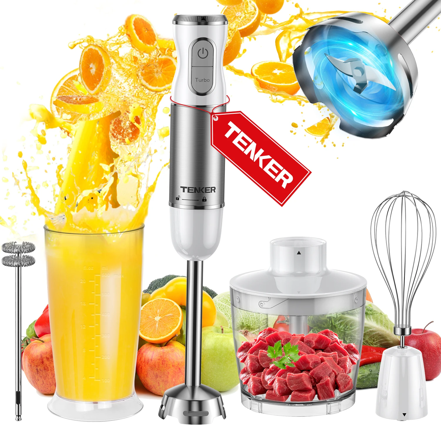 

450W Immersion Blender 5 in 1 Electric Hand Blender,30 Speed Mode with Mixing Beaker, Chopper, Whisk and Milk Frother