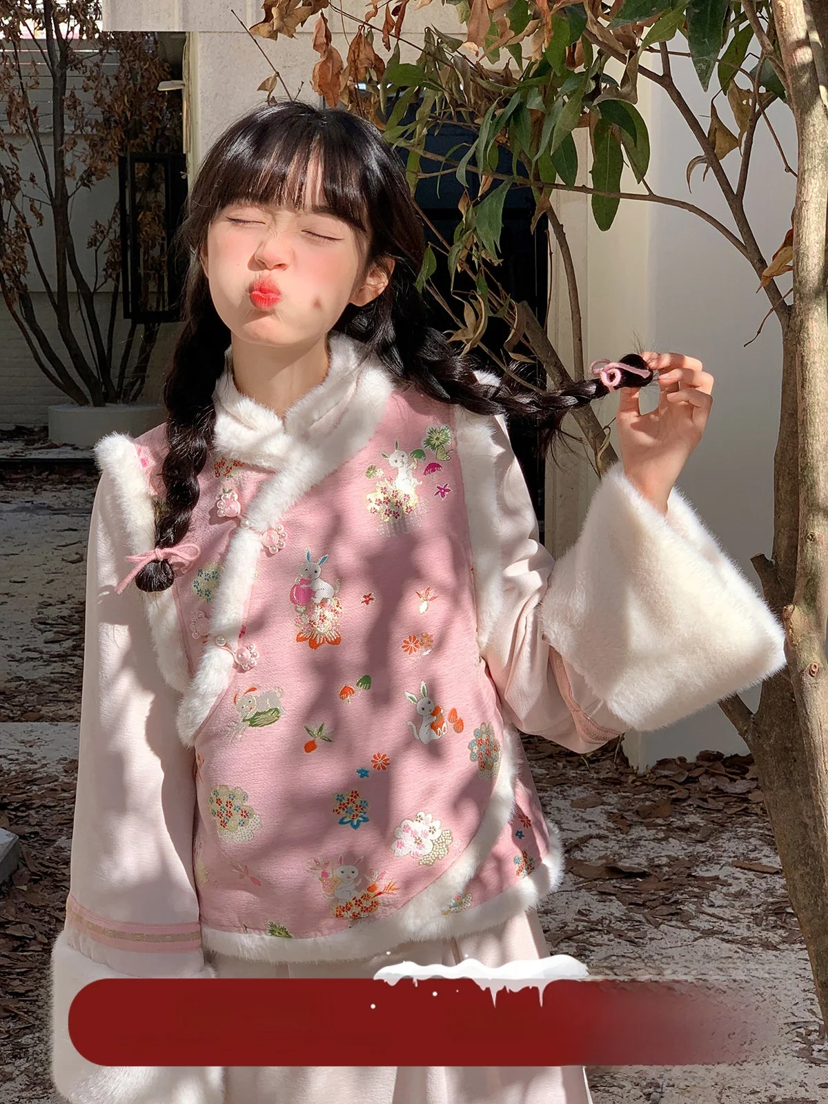 

Комплект из двух предметов: жилет и юбка из кроличьего меха Sweet Cheese Day Design для женщин, зимний, модный, розовый цвет