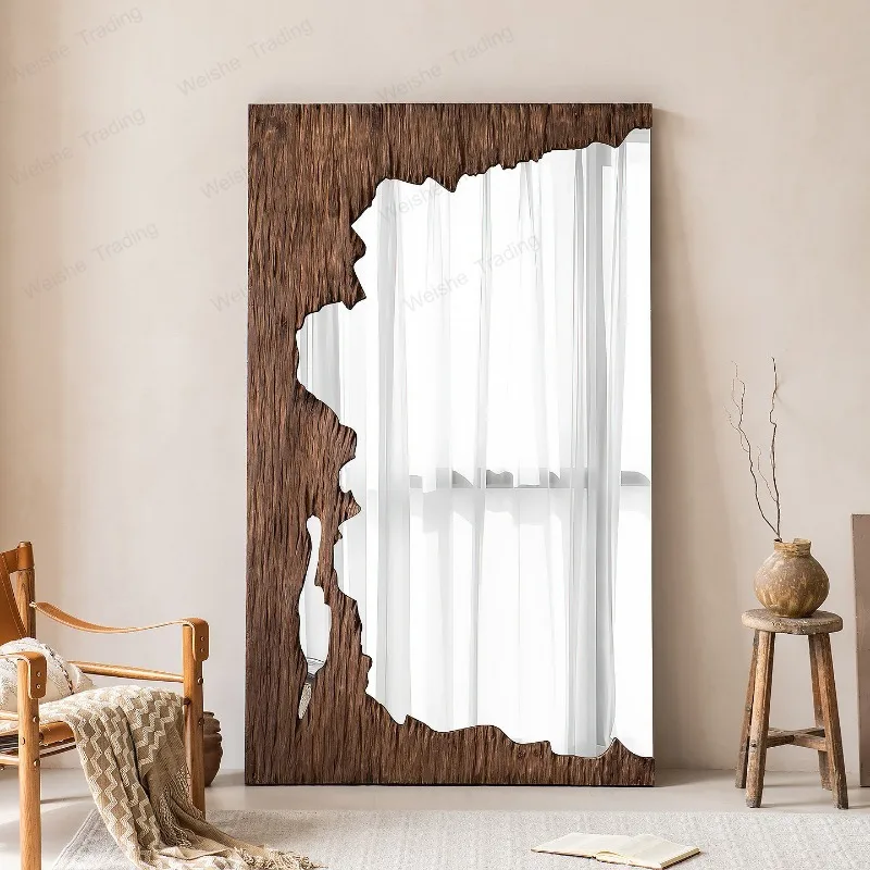 

Wabi Stillwind retro old wood full-body mirror handmade natural edge special-shaped floor mirror