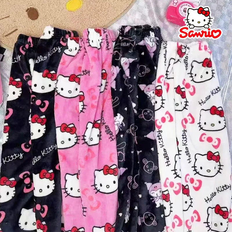 Hello Kitty Sanrio Flannel Pajamas Women White Warm Home Woolen Pants Autumn Loose Fashion Plush Trousers Wide-legged Pants