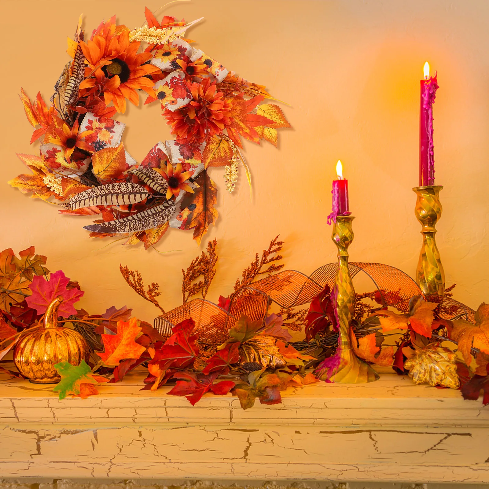 

Artificial Fall Harvest Pumpkin Maple Leaves Wreath Rustic Hanging Garland Thanksgiving Front Door Decoration Thanksgiving Decor