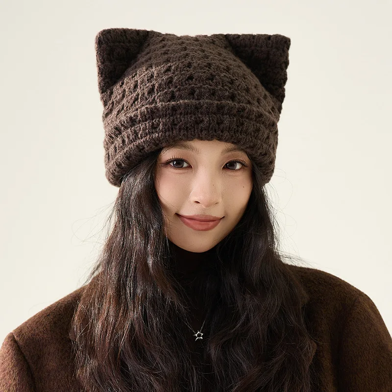 Steamed cat-ear Shaped Bread Wool Hat Brimless Cap Big Head Encircled Face Small Warm Ear Protection Knit Hats 4m615