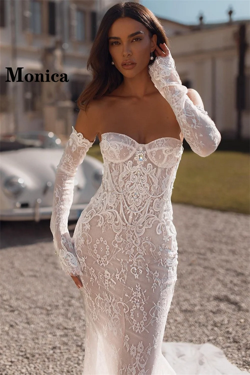 MONICA Romantic Backless Wedding Gown for Bride Sweetheart Court Train Crystals Appliques Vestidos De Novia Customised