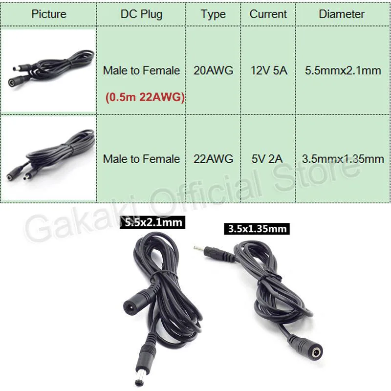 DC Feminino para Masculino Cabo de Extensão Cabo, Adaptador de Alimentação, Fio Linha, Plug Connector, 5.5x2.1mm, 5V, 2A, 12V, 5A, 3.5x 1.35mm