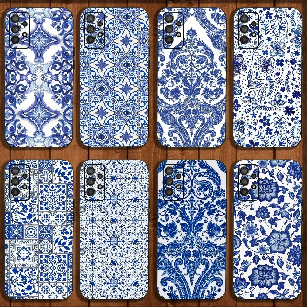 Azulejo Case ceramic glazed tile Phone Case For Samsung Galaxy A13,A21s,A22,A31,A32,A52,A53,A71,A80,A91 Soft Black Cover