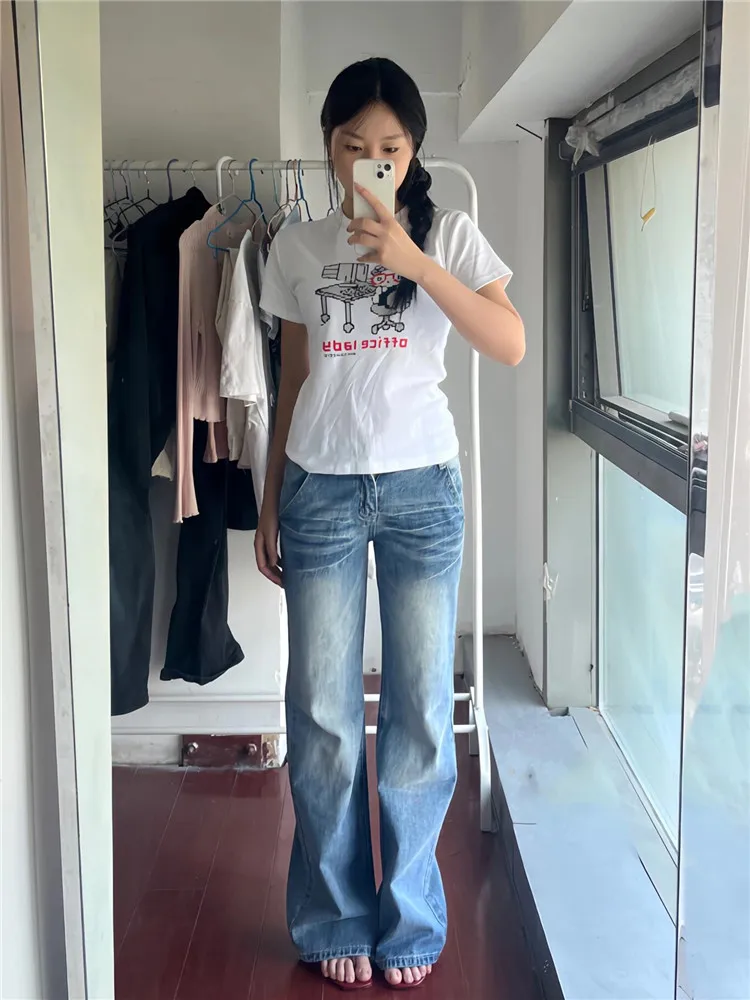 

Tall Women's Loose Fit Floor Length Bell Bottom Jeans Low Waist Retro Blue Denim Pants American Style Trendy High Street