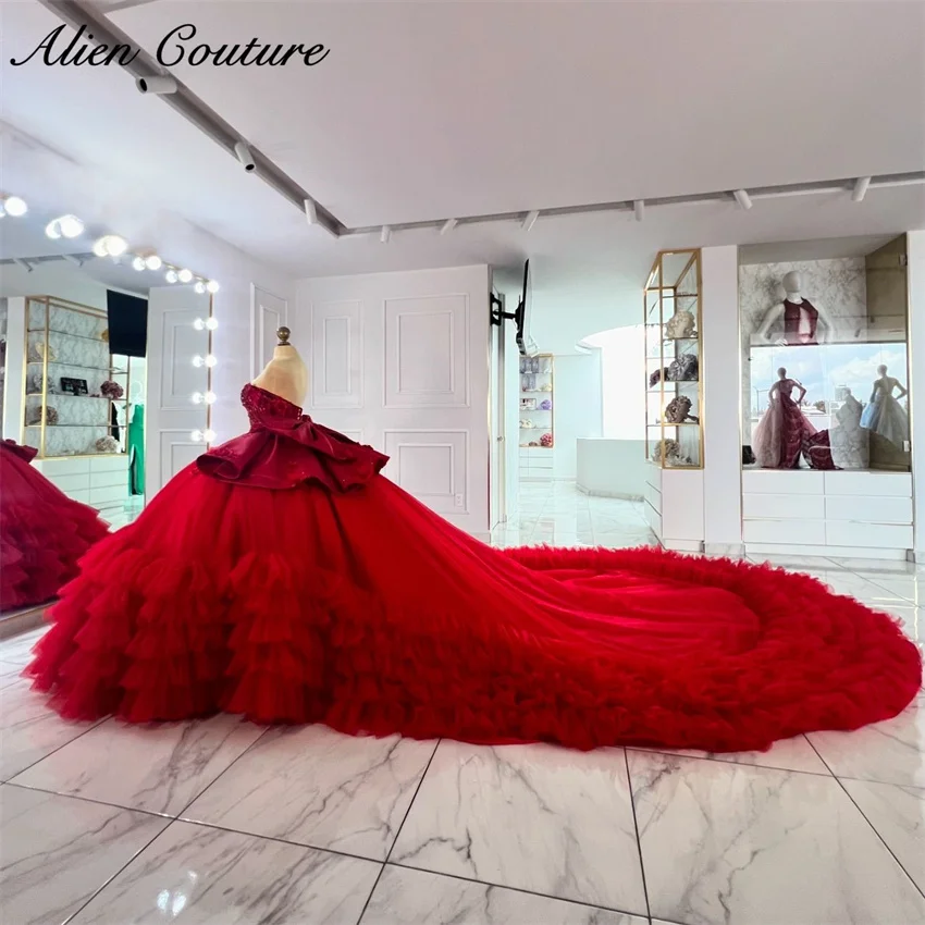 

Red Organza Quinceanera Dress Off The Shoulder Ruffles Tiered Ball Gown Crystals Birthday Party Sweet 16 Vestidos Customized