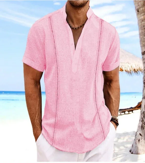 

Striped Solid Color Short Sleeved Shirt Beach Vacation Top Hot Selling Men's Stand Up Collar 4-Button Short Sleeved Shirt WG14