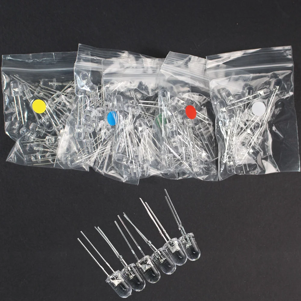 100 Stück 5 mm F5 runde transparente LED-Diodenlampen, 6 Farben (Rot/Grün/Blau/Gelb/Weiß), superhell für DIY-Elektronik