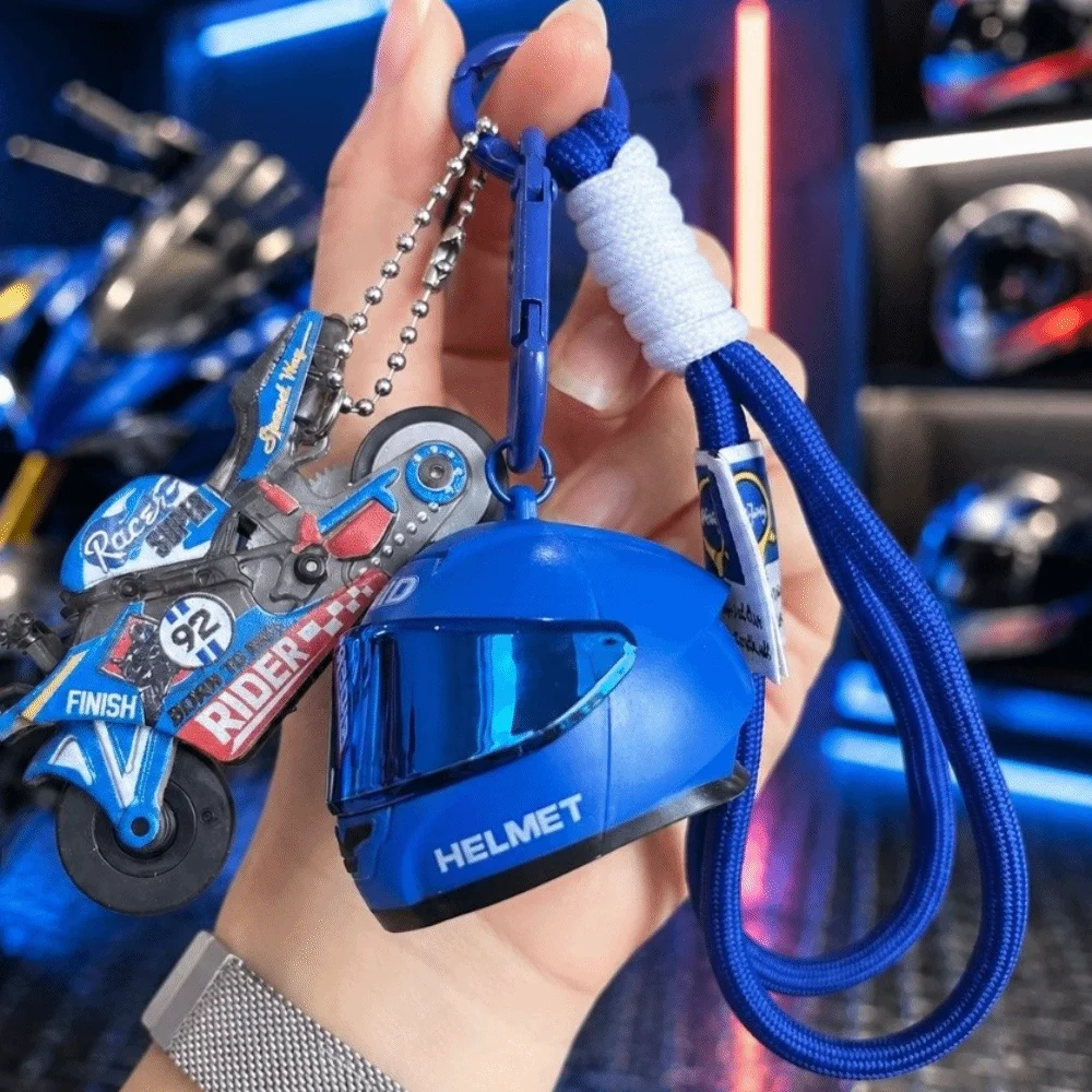 Creative Motorcycle Helmet Keychain Braided Lanyard Carabiner Clip Mini Key Pendant Alloy Biker Style Racing Keychain