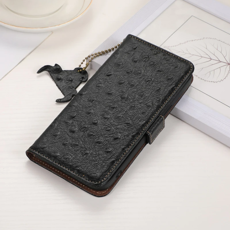 

Ostrich Grain Genuine Leather Wallet Flip Case for Samsung Galaxy S25 Ultrr Plus S24 S23 FE A06 A16 A55 A35 25 15 Business Cover
