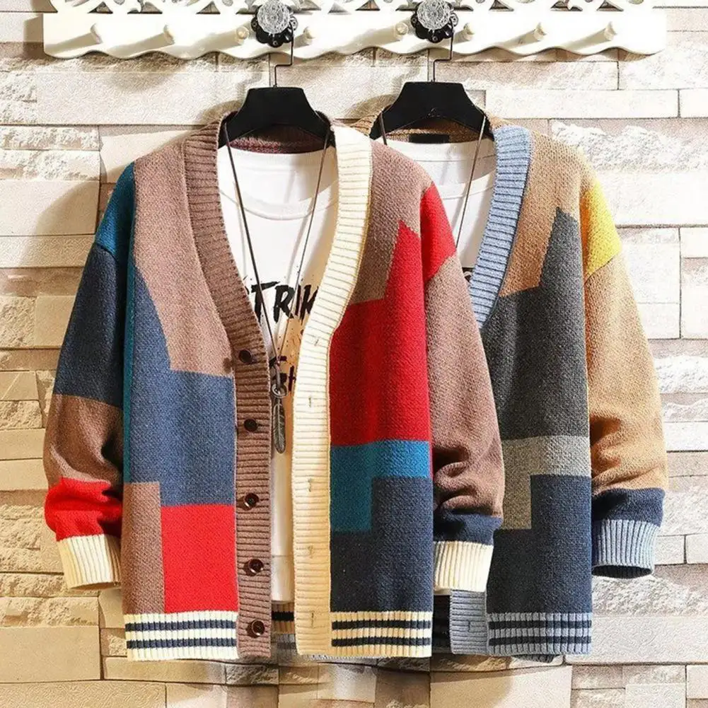 

Men Knitted Sweater Stylish Men's Colorblock Knitted Sweater Coat Warm Mid-length V-neck Cardigan for Fall Winter Fashion V Neck