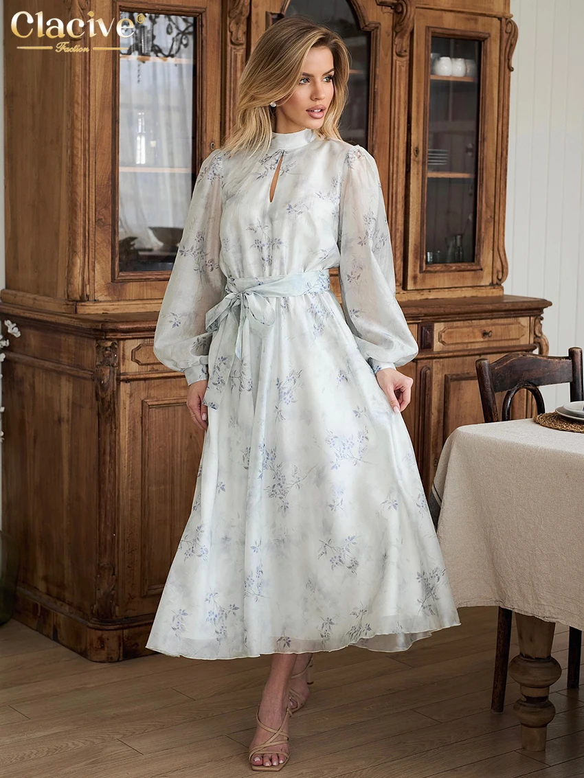 

Clacive Fashion Loose Print Women's Dress 2025 Casual Stand Collar Long Sleeve Ankle Length Dresses Elegant Classic Female Dress