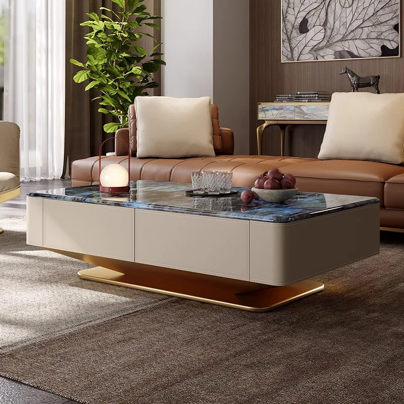 طراز إيطالي، رخام طبيعي، طاولة قهوة، سرج جلد، منزلي، حجر كريستالات دقيقة