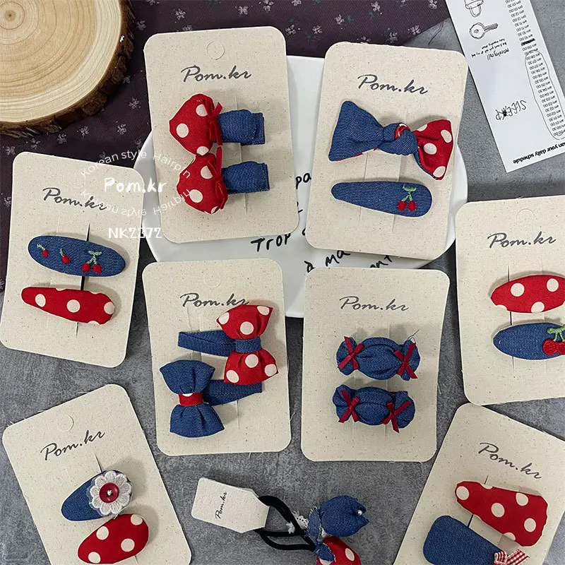 

Hair Clip for Kids Red Blue Color Block Polka Dot Bow Handmade Fabric Side Bang Fringe Clasp Non Slip Soft Lightweight Daily