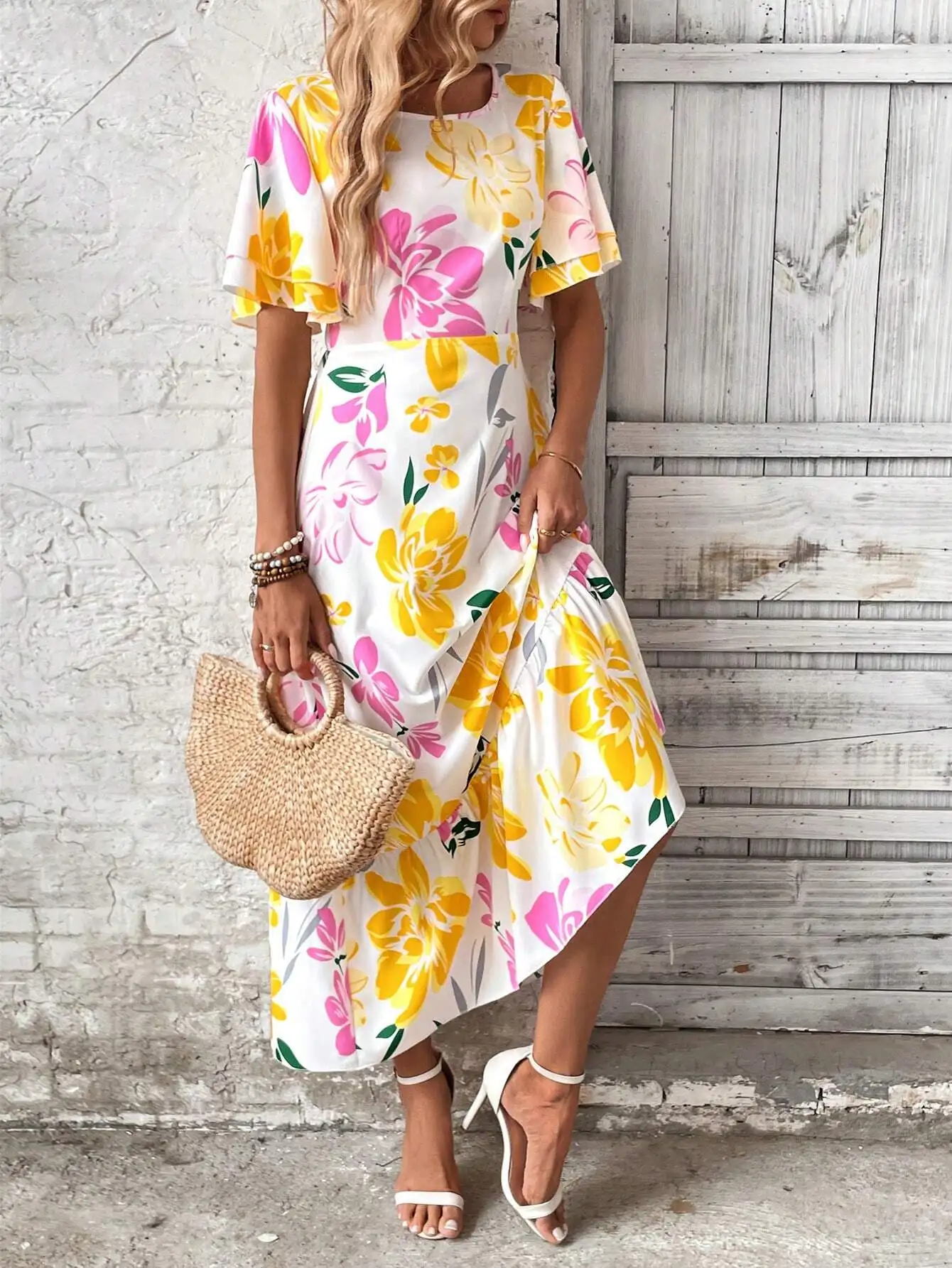 

Женское платье макси с цветочным принтом, рюшами на рукавах и круглым вырезом, для пляжного отдыха