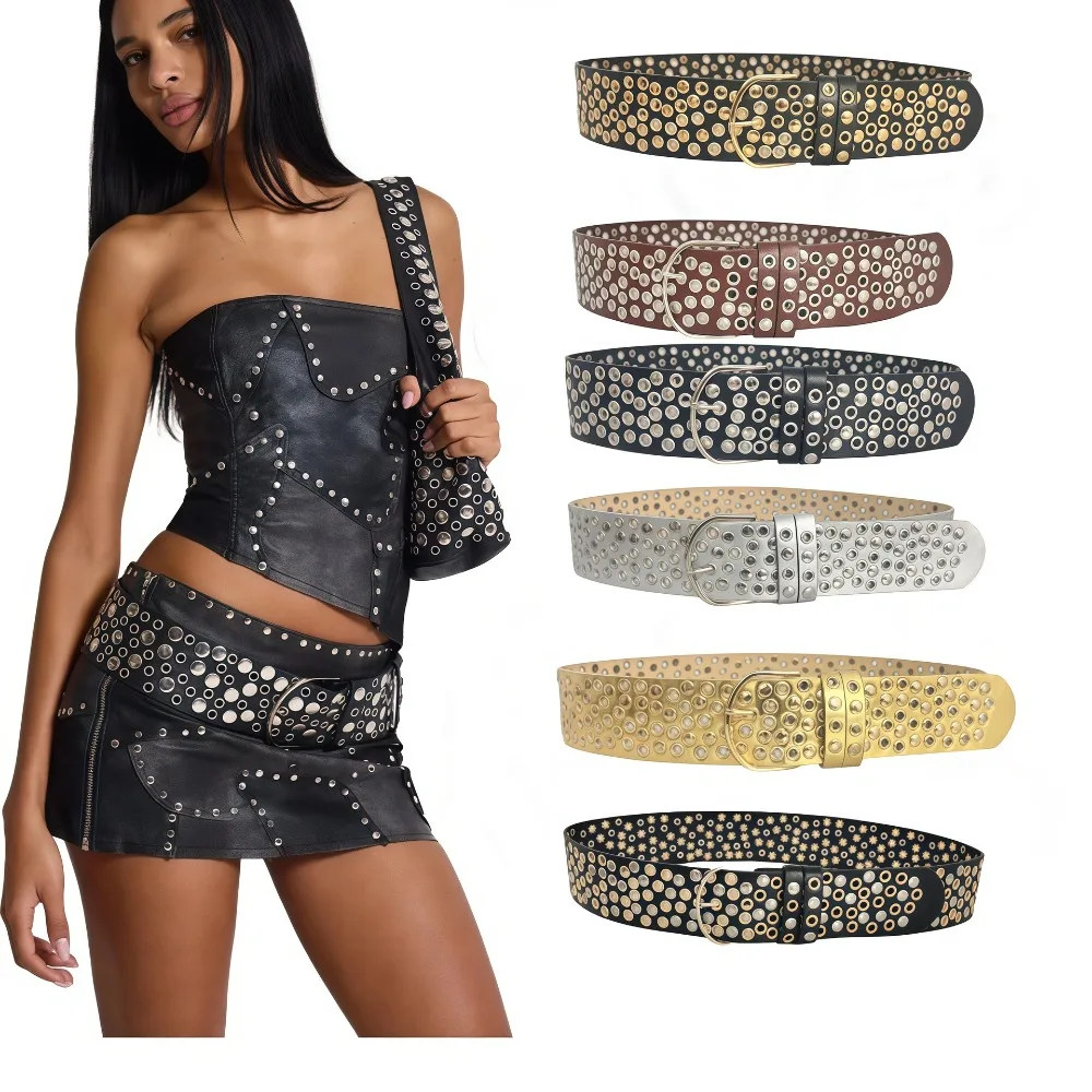 Punk Hollow Eyelet Rivet Belt Trendy Brand Luxury Design Wide PU Waist Belt Streetwear Jeans Skirt Waist Strap