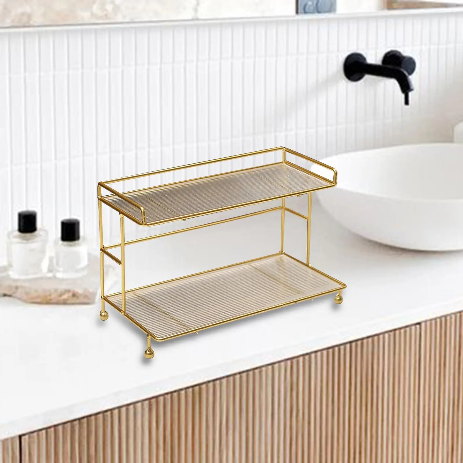 Countertop Bathroom Makeup Holder, Cosmetic Storage Rack ,Rectangle Golden Dresser Bathroom Kitchen Tray Cupcake Stand