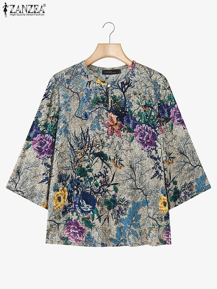 

2025 ZANZEA Vintage Printed Blouses Autumn Women Tops Casual O Neck 3/4 Sleeve Flowers Shirt Retro Holiday Blusas Mujer Femme