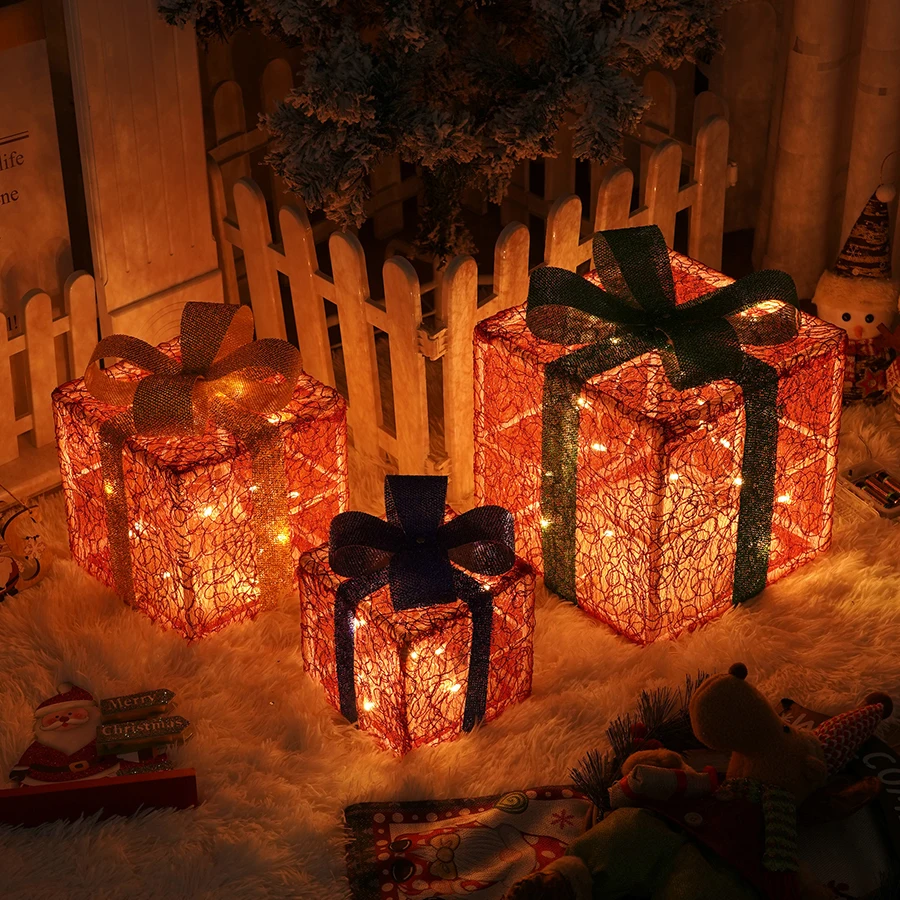 LED Christmas Atmosphere Luminous Gift Shaped Light Gift Box Folding Three Piece Set Shopping Mall Pile Head Decorative Light