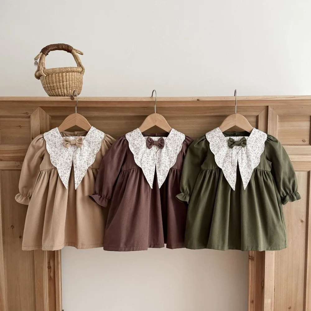 Girls Cotton Vintage Dress Long Sleeve Floral Collar Bow Preppy Spring Autumn New Season