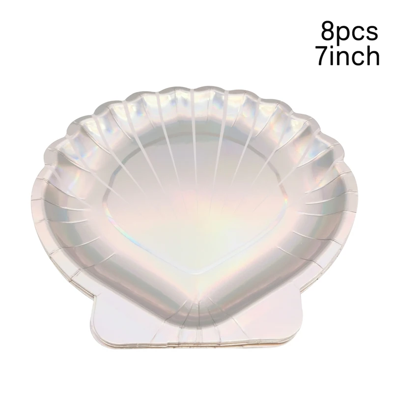 8Pcs Laser Shell Paper Plates Cups Disposable Tableware Girl Happy Birthday Party Baby Shower Ocean Mermaid Theme Party Supplies