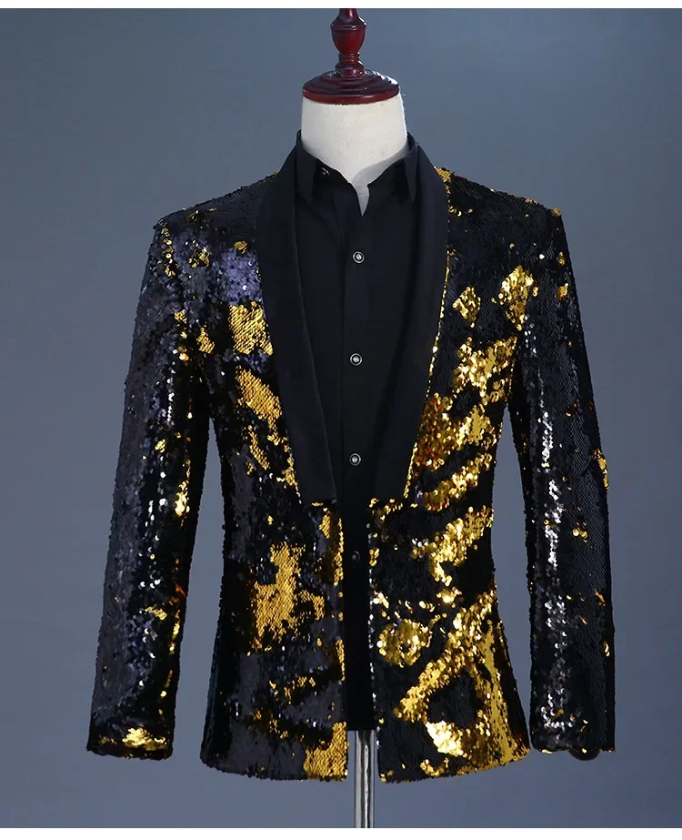 

Men Blazer Sparkly Sequin Bar Singer Dance Nightclub Host Stage Wedding Party Banquet Shawl Collar Shiny Tuxedo Blazer Suit Coat
