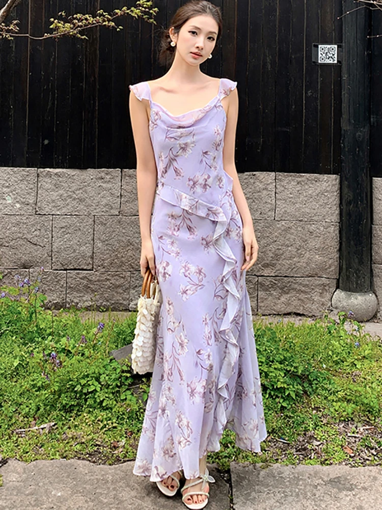 2026 New Boho Purple Chiffon Floral Ruffled Long Dress Women Elegant Casual Sling Dress Gown Summer Korean Bodycon Holiday Dress