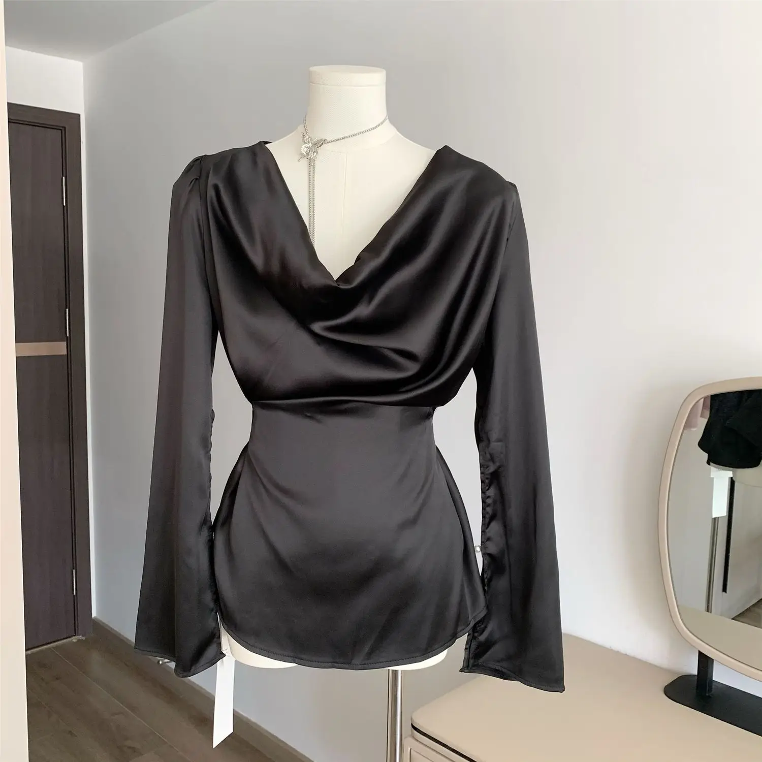 Temperament Satin Long Sleeved Shirt for Women with a Sense of Luxury Irregular Neckline Stacked Flared Sleeves Cinched Waist