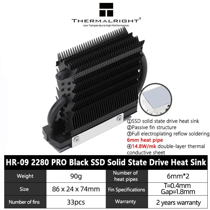 

Thermalright HR-09 2280 PRO Black M.2 Solid State Drive AGHP Heat Pipe Radiator SSD Cooler Fully Electroplated