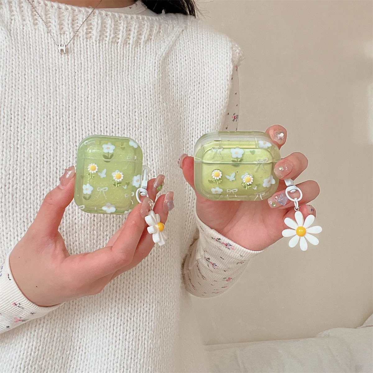 حافظة سماعات أذن لأجهزة AirPods 4st/3rd/2nd/1st مع سلسلة مفاتيح، غطاء سماعة رأس بتصميم عباد الشمس اللطيف لأجهزة AirPods Pro/Pro 2