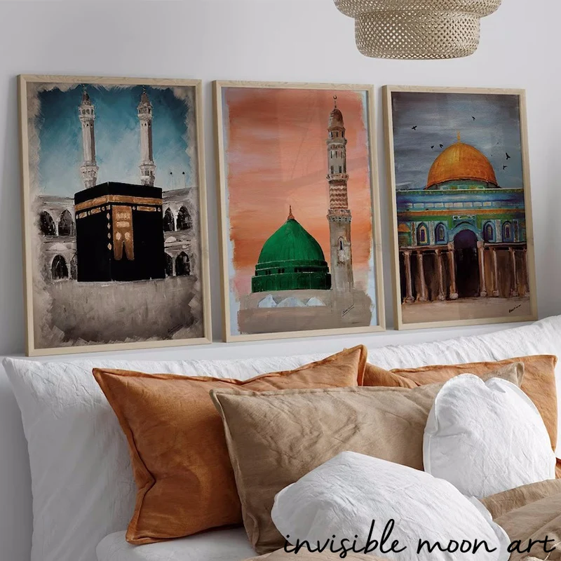 Islamic Landmarks Kaaba, Dome of The RockMasjid Nabawi Ramadan Art Posters Canvas Painting Wall Prints Pictures Room Home Decor