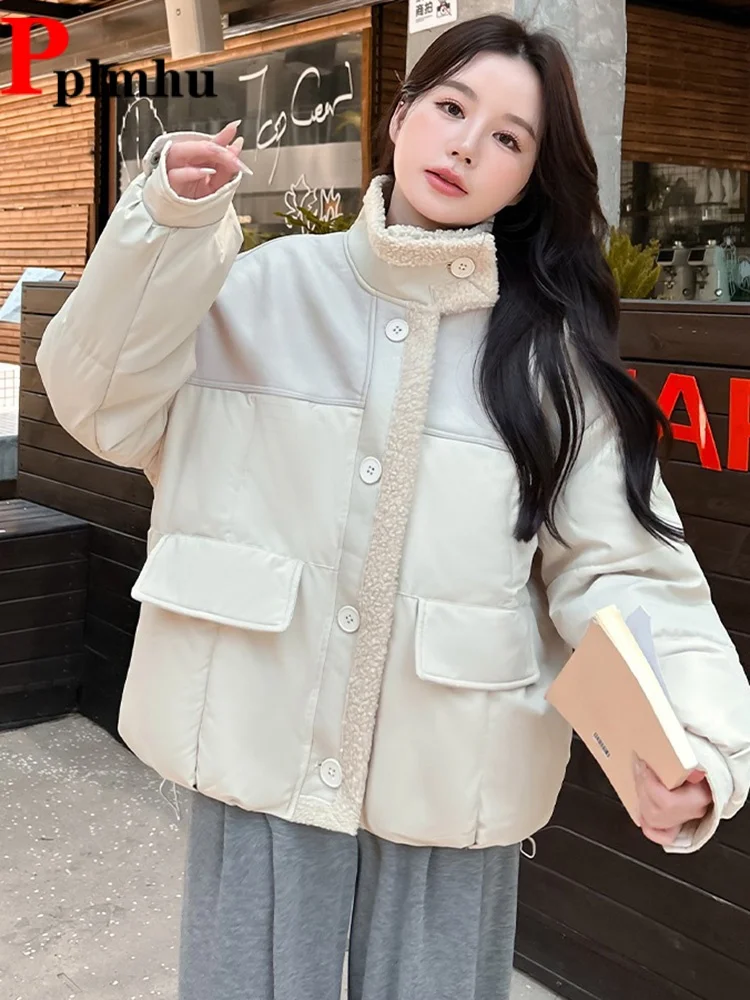 

Pu Baggy Splicing Warm Jackets Women's Casual Loose Korean Fashionable Outerwear Thickened Buttons Patchwork Chaquetas Coat