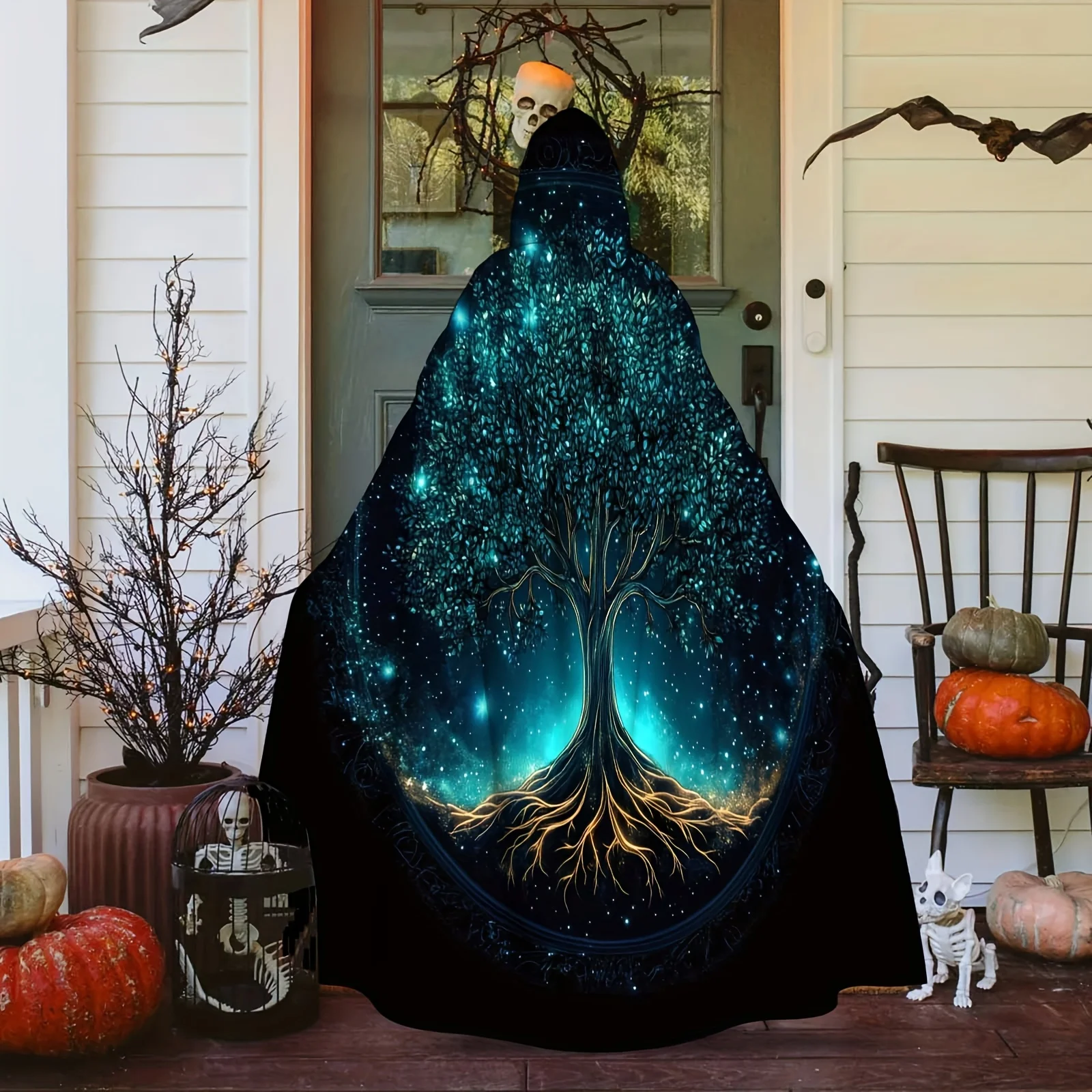 1pc Mystical Tree Cosmic Energy Adult Cloak Retro Style Hooded Robe with Deep Blue Black Spiritual Design, Machine Washable