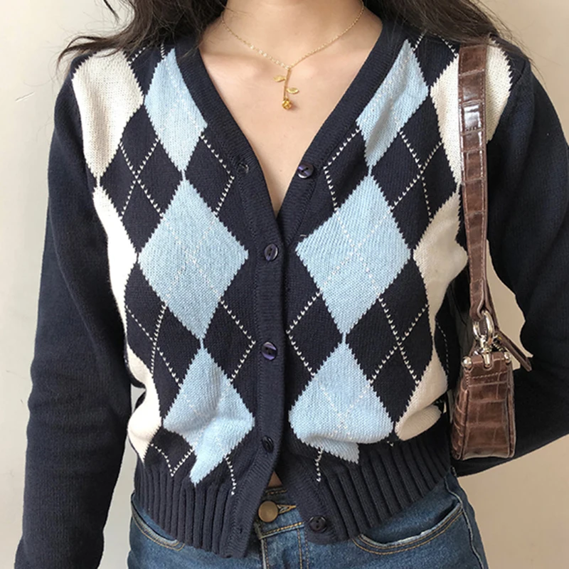 

Vintage V-Neck Plaid Long Sleeve Women Sweater 2024 Autumn Winter Short Knitted Cardigan Sweaters Womes England Style Tops