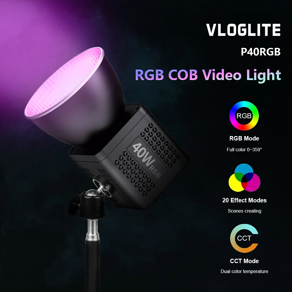 

P40 40W RGB COB Video Light 3400mAh 2500K-6500K for Live Streaming Home Studio Commercial Camera Photography Lamp
