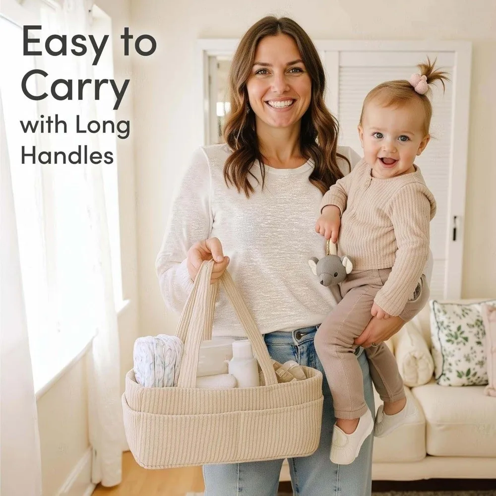 Corduroy Bag Large Capacity Diaper Organizer Lightweight Foldable Mommy Handbag Durable Multi-functional Nursery Tote Mom