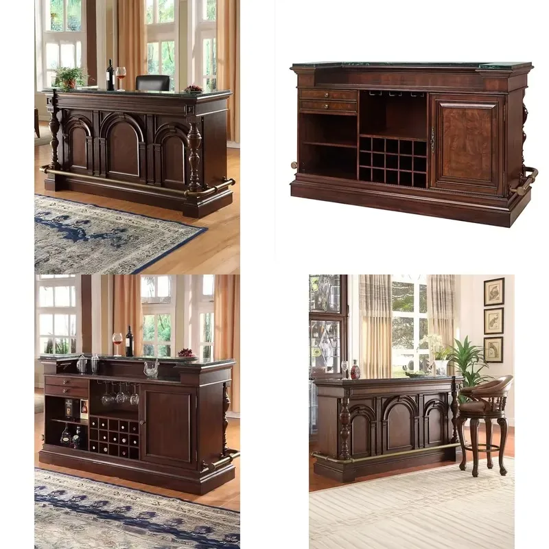 American European Retro Style Solid Wood Bar Table with Marble Countertop for Family Living Room Island Reception Desk