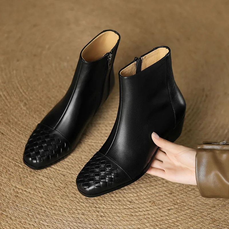 

Fashion Women Boots Genuine Leather Ankle Boots Chunky Heels Square Toe Weave Modern Boots Daily Office Size 34-42