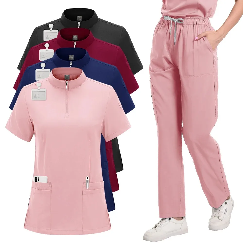 

High-Quality 1 Set Women's Polyester Scrubs Fitted Nurse Uniform with Patch Pocket Work Clothes for Beauty SPA Nurse Accessories