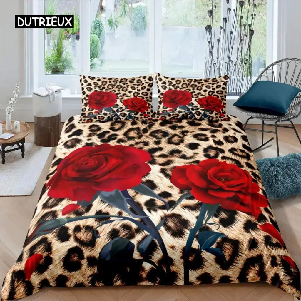 

Red Rose Duvet Cover Set for Kids Girls Polyester Leopard Print Comforter Cover Queen Red Floral Petal Pattern Twin Bedding Set