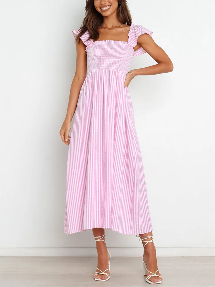 

Summer Dress For Women Clothing 2022 Short Ruffle Sleeve Square Neck Elegant Midi Dress Smocked Detail Striped Casual Dress