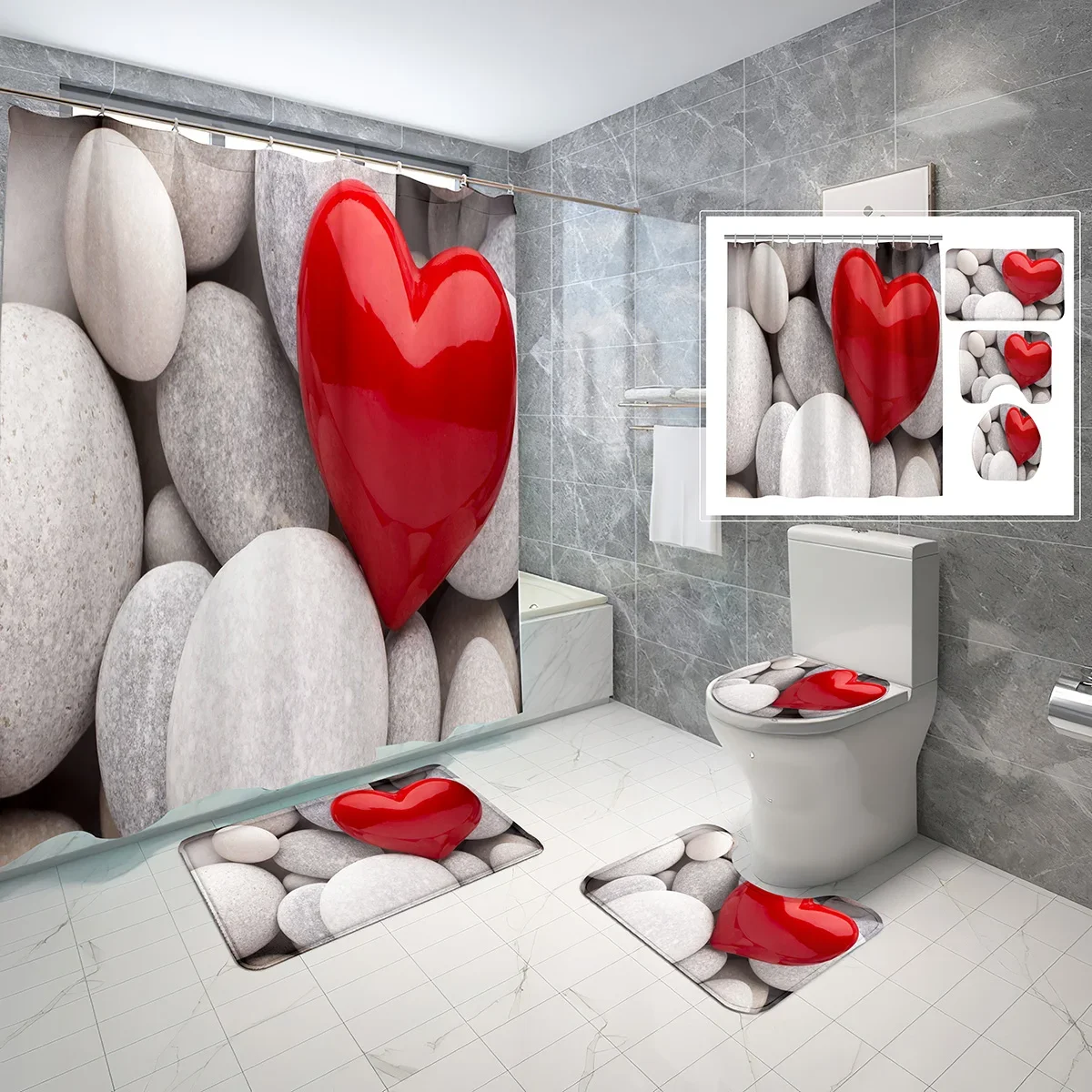 Tropical Beach Shower Curtain Set Romantic Heart Shaped Pebbles 4 Pcs Shower Curtain Bathroom Non-Slip Bath Mat Toilet Cover