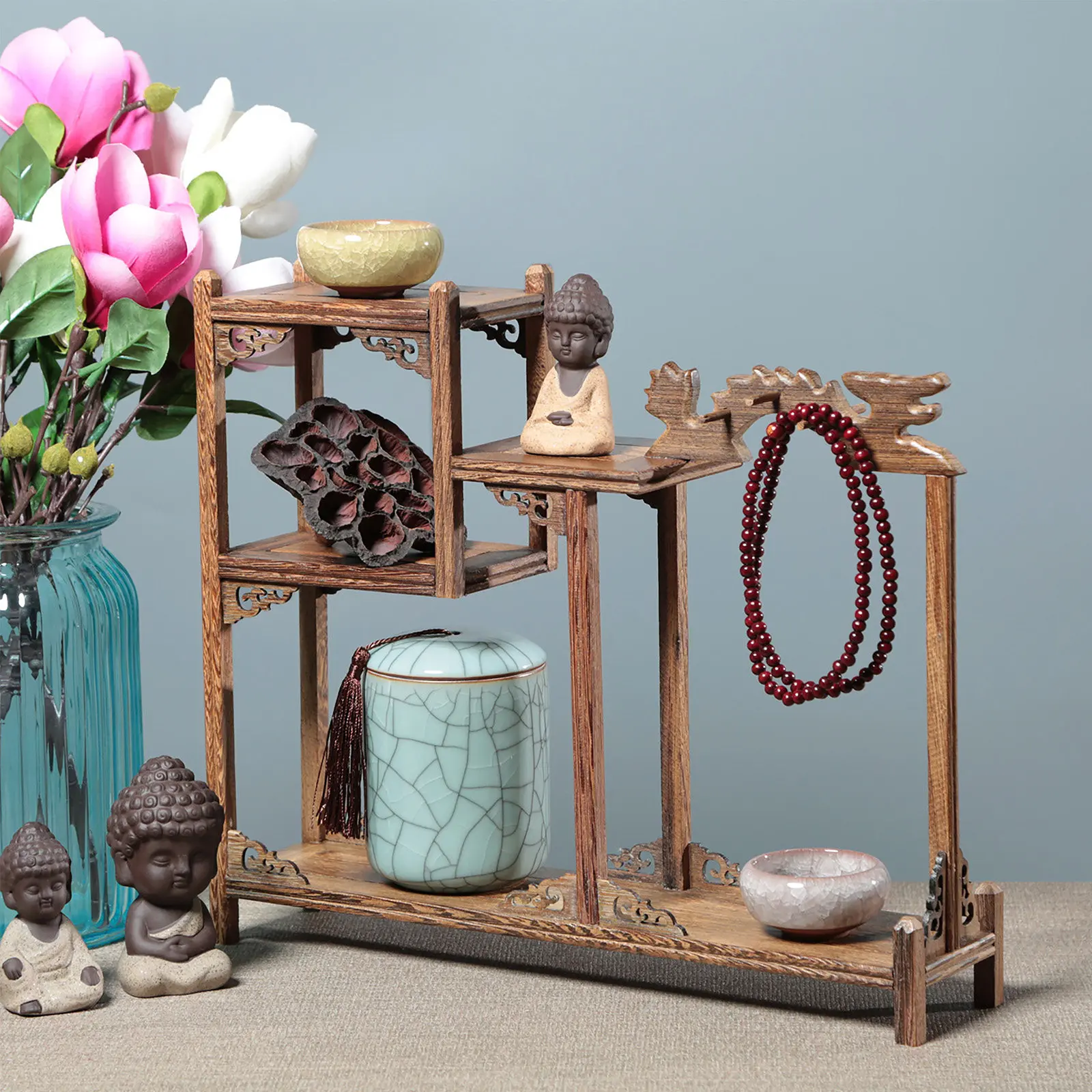 

Деревянная подставка-витрина с резным узором, устойчивая, для домашнего декора, винтажная полка для коллекционных предметов, настольный органайзер для хранения украшений