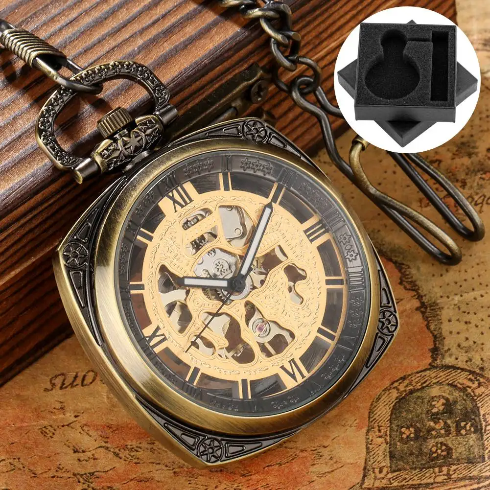 

Прозрачные полые римские цифры с открытым циферблатом, механические карманные часы с ручным заводом, квадратный кулон, карманные часы, бронзовый брелок-цепочка