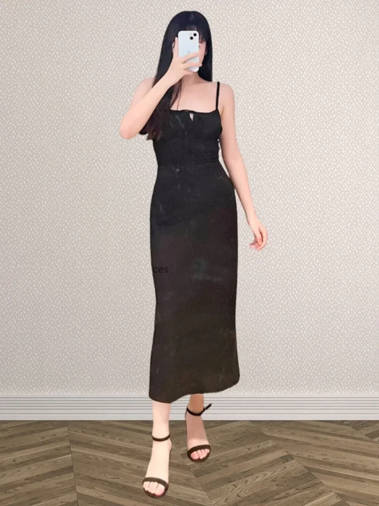 French Sexy Pleated Waist 100% Silk Drawstring Sling Dress Female Mid-Calf Sling Robe leeveless Slip Dresses Holiday Midi Dress