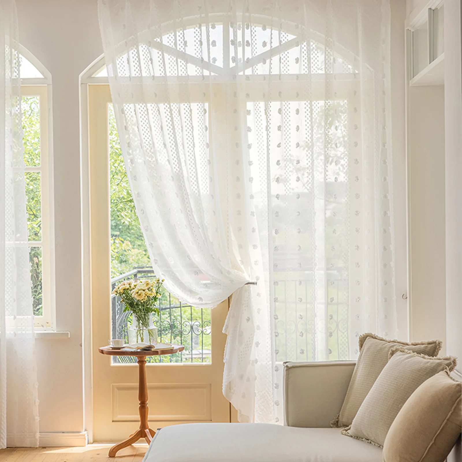 Boho Pom Pom Voile Sheer Curtain,Rod Pocket Light Filtering Semi Privacy Drape,for Farmhouse Living Room Bedroom Home Decoration