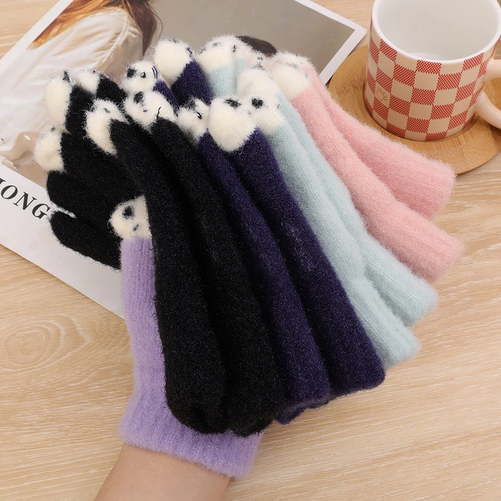 Women Cute Winter Fluffy gloves Panda Fingertip Warm Knitted Fingerless Gloves Wool Touchscreen Phone Girls Full Finger Mittens